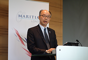 The Secretary for Transport and Housing and Chairman of the Hong Kong Maritime and Port Board, Mr Frank Chan Fan, delivers a speech on the opportunities brought about by the Belt and Road Initiative and Hong Kong's role as a 'super-connector' at a seminar on the Belt and Road Initiative organised by Maritime London today (September 13, London time).
