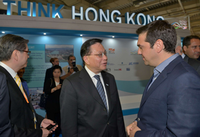The Greek Prime Minister, HE Alexis Tsipras (right) visited the Hong Kong Pavilion at Posidonia 2016 and met with The Secretary for Transport and Housing, Professor Anthony Cheung Bing-leung (middle).