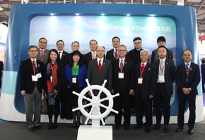 The Secretary for Transport and Housing and Chairman of the Hong Kong Maritime and Port Board (HKMPB), Mr Frank Chan Fan, and the HKMPB delegation attended Marintec China 2017 in Shanghai on December 5. Mr Chan (front row, fourth left) is pictured with the delegates at the opening ceremony of the Hong Kong Pavilion.