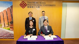 The Deputy Secretary for Transport and Housing (front row, left), on behalf of the Hong Kong Special Administrative Region Government, signed an agreement with the Dean of Faculty of Business of the Hong Kong Polytechnic University ("PolyU ") (front row, right), witnessed by the Chairman of the Manpower Development Committee of the Hong Kong Maritime and Port Board (back row, left) and Head of the Department of Logistics and Maritime Studies of PolyU (back row, right), on 15 June 2018 regarding the Hong Kong Nautical and Maritime Scholarship Scheme.