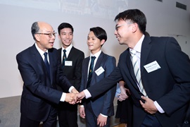 The Secretary for Transport and Housing, Mr Frank Chan Fan (first left) shook hands with company representative to thank for their support and participation in the Internship Scheme.