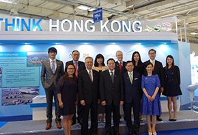 The Secretary for Transport and Housing, Professor Anthony Cheung Bing-leung (front row, centre), is pictured with members of the Hong Kong Maritime and Port Board after touring the Hong Kong Pavilion at Posidonia 2016 in Athens, Greece, on June 6 (Athens time).