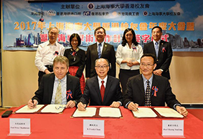 The Secretary for Transport and Housing, Mr Frank Chan Fan (front row, centre), on behalf of the Hong Kong Special Administrative Region Government, signs an agreement with the President and Vice-Chancellor of the University of Hong Kong, Professor Peter Mathieson (front row, left) and the President of the Shanghai Maritime University, Professor Huang Youfang (front row, right) today (August 14) regarding the "University of Hong Kong – Shanghai Maritime University Academic Collaboration Scheme".