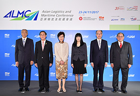 The Chief Executive, Mrs Carrie Lam (third left), is pictured with the Secretary for Transport and Housing, Mr Frank Chan Fan (second right); the Executive Director of the Hong Kong Trade Development Council, Ms Margaret Fong (third right); the Minister of Transport of Thailand, Mr Arkhom Termpittayapaisith (second left); and other guests at the Asian Logistics and Maritime Conference at the Hong Kong Convention and Exhibition Centre this morning (November 23).