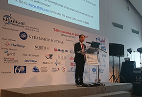 The Under Secretary for Transport and Housing, Dr Raymond So Wai Man speaking at the '$afe manning on board ships?' Conference organised by the Nautical Institute Hong Kong Branch.