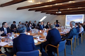 Arriving in Copenhagen, Denmark this morning (March 11, Copenhagen time), a delegation of the Hong Kong Maritime and Port Board led by the Secretary for Transport and Housing, Mr Frank Chan Fan, began the first leg of their visit to the Nordic countries. Photo shows Mr Chan (second row, fourth right) and the delegation meeting with representatives from the Danish Ship Finance and the Danish Maritime Fund to learn about the development of the ship finance industry in Denmark and the Nordic region.