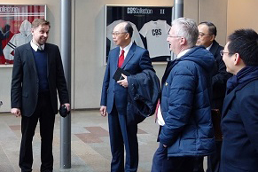 The delegation of the Hong Kong Maritime and Port Board led by the Secretary for Transport and Housing, Mr Frank Chan Fan, continued their visit to Denmark today (March 12, Copenhagen time). Picture shows Mr Chan (second left) and the delegation being briefed on the strategy, teaching and research of the Copenhagen Business School in nurturing maritime talents.