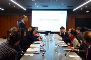 The delegation of the Hong Kong Maritime and Port Board led by the Secretary for Transport and Housing, Mr Frank Chan Fan, continued their visit to Denmark today (March 12, Copenhagen time). Picture shows Mr Chan (standing) and the delegation meeting with representatives from Green Ship of the Future to understand their work in promoting the research and development of maritime technology through public-private partnership.