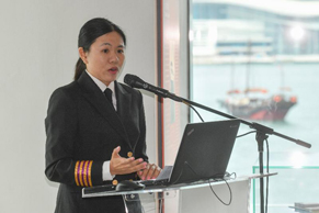 The Maritime Professional Promotion Federation and other maritime organisations held a press conference at the Hong Kong Maritime Museum today (July 8). Photo shows the first Hong Kong woman to have qualified as the chief engineer of seagoing vessels, Miss Joanna Kwok, talking about her experiences of ocean-going adventure.