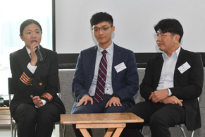 The Maritime Professional Promotion Federation and other maritime organisations jointly held a press conference, entitled "A Successful Maritime Professional Series", at the Hong Kong Maritime Museum today (July 8). Picture shows Miss Joanna Kwok (left), the first Hong Kong woman to have qualified as the chief engineer of seagoing vessels, Mr Cheuk Ka-ho (centre), who received deck officer training in a shipping company, and Mr Demen Cheung (right) of the Hong Kong & Kowloon Motor Boats & Tug Boats Association Limited speaking on their experiences at the press conference.