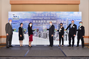 The opening ceremony of Hong Kong Maritime Week 2021, a major annual event of the maritime and port industries in Hong Kong, was held today (November 1). Picture shows the Chairman of the Hong Kong Maritime and Port Board (HKMPB) and Secretary for Transport and Housing, Mr Frank Chan Fan (centre), together with the Permanent Secretary for Transport and Housing (Transport), Ms Mable Chan (third left); the Director of Marine, Ms Carol Yuen (second left); the Chairman of the Promotion and External Relations Committee of the HKMPB, Ms Agnes Choi (third right); the Chairman of the Maritime and Port Development Committee of the HKMPB, Mr Bjorn Hojgaard (second right); the Chairman of the Manpower Development Committee of the HKMPB, Mr Willy Lin (first right); and the Chairman of the Hong Kong Maritime Museum Limited, Mr Richard Hext (first left), officiating at the ceremony.